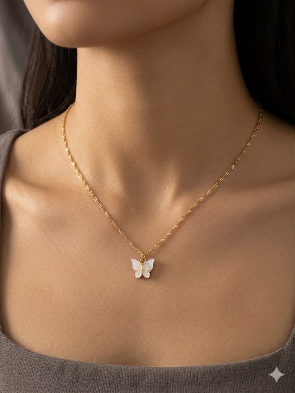 Gold Butterfly Pendant Necklace with White Inlay - Women's Jewelry